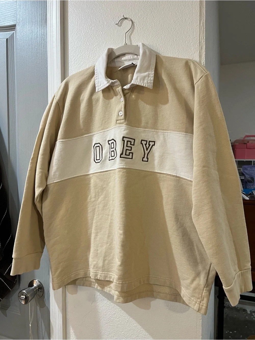 Obey Beige and White Rugby Pullover